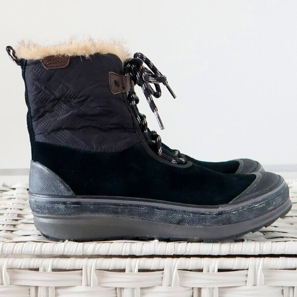 Clarks Suede Leather Nylon Rubber Fur Waterproof Lace-up Winter Rain Boots 7.5 - Picture 3 of 16